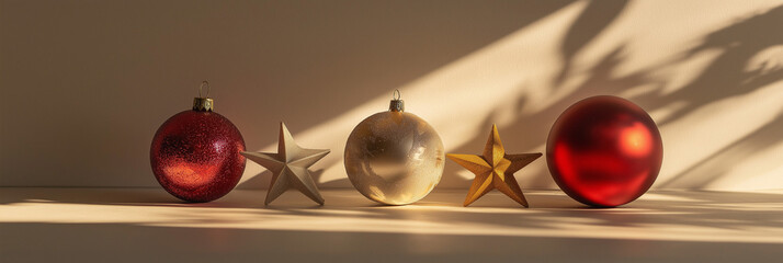 three christmas ornaments, like baubles, stars, and small figurines, against an isolated opalescent effect background