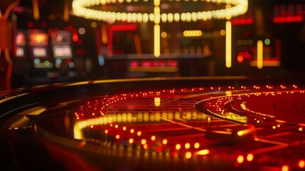  Illuminated casino roulette table with vibrant red and yellow neon lights in blurred gaming background