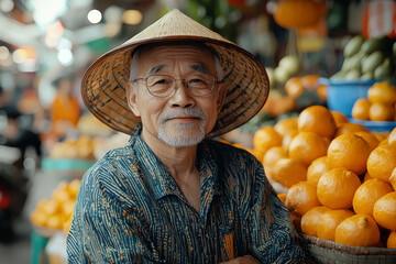 An elderly man wearing traditional attire in a bustling market, showcasing the cultural heritage of a Southeast Asian community. Concept of cultural tradition and local markets.