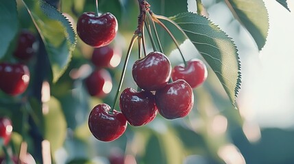 Poster -   A cherry tree filled with ripe cherries on its branches