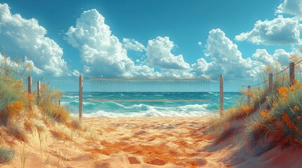 Scenic view of a volleyball court on a sandy beach, surrounded by coastal plants with waves crashing against the shore and a bright blue sky filled with fluffy clouds. Serene beach sports scene.