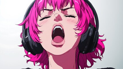 Sticker - pink hair anime girl listening music