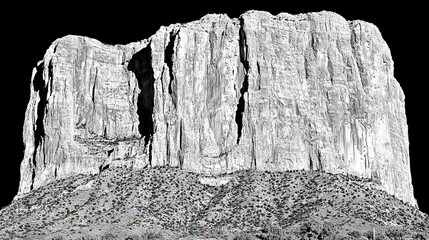 Poster -   A monochromatic image of a massive rocky cliff, set against a backdrop of black night sky, features a prominent black and white rock formation in the foreground