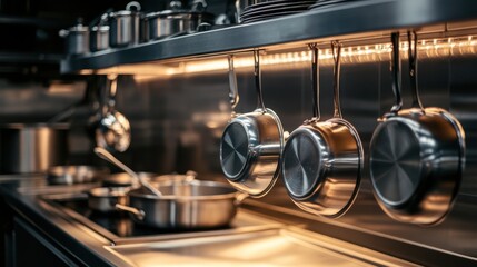 A set of stainless steel pots and pans hanging neatly in a professional kitchen, with bright lighting highlighting their sleek surfaces.