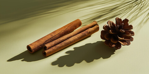 two cinnamon sticks and a small pine cone arranged artistically against an isolatedmuted olive greenbackground