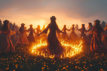 Wall Mural - a group of people dancing in a circle around a bonfire during a traditional midsummer festival. conc