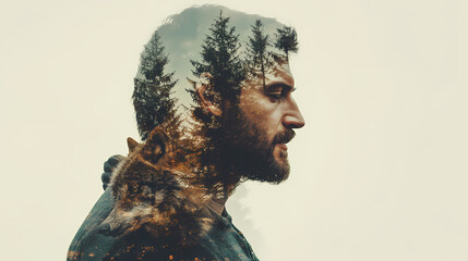 Double exposure portrait of a man and a wolf with a forest background. Wolf. Illustration