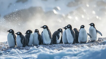 Poster -   A group of penguins huddled together atop a snow-covered ground near a snowpile