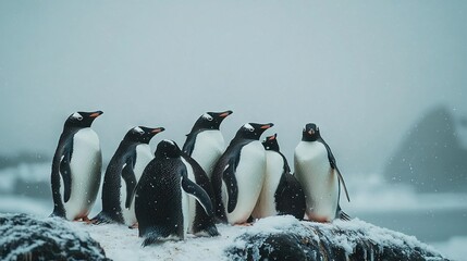 Poster -   Penguins huddled together on a snowy outcrop beside the water