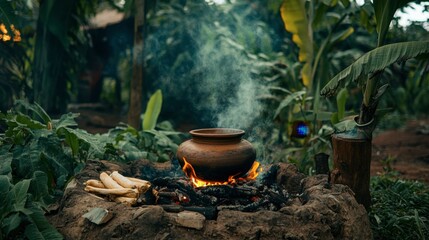 An outdoor scene featuring a traditional clay pot over an open fire, cooking a meal while surrounded by lush greenery.