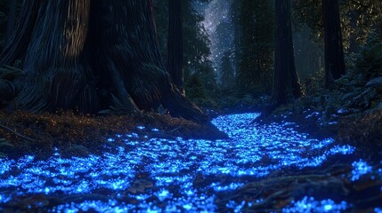 Poster -   A path in the middle of a forest, illuminated by glowing blue stars on the ground, stands out as a beacon amidst the natural darkness