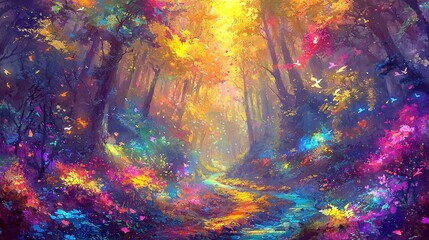 Canvas Print -  A vivid forest painting featuring a winding trail towards a glowing end