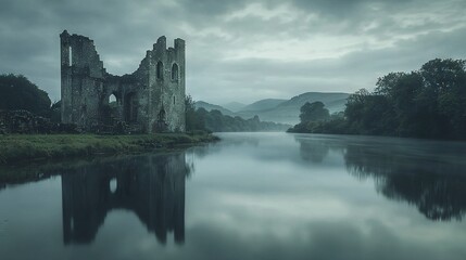 Poster -   A castle nestled by a river, amidst a forest, and adjacent to a verdant hill