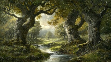 Poster -   A painting of a forest scene featuring a meandering stream as the focal point, surrounded by lush trees