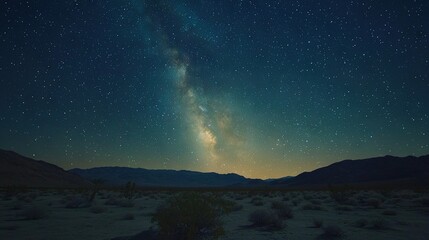   The Milky Way glows bright against the night sky over a desert panorama Mountains in the background and countless stars adorn the cosmos