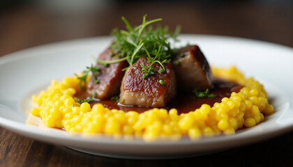 Angled shot of a plate of veal osso buco with saffron risotto, garnished with gremolata.