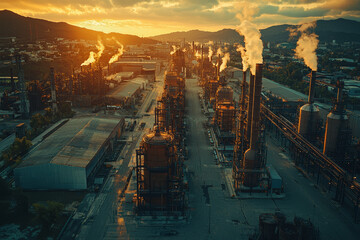 Poster - Drone shot of a modern industrial area with large factories and warehouses, highlighting the scale of industrial operations. Concept of industrial infrastructure and production.