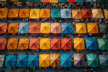 Poster - Drone shot of a lively festival or market with colorful tents and crowds, showcasing the vibrancy and activity from above. Concept of social events and outdoor gatherings.