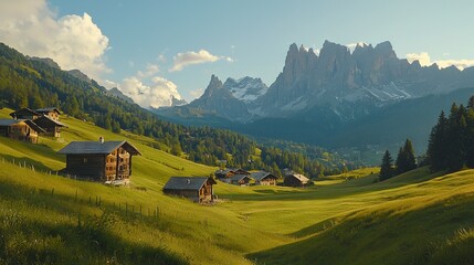 Canvas Print -   A cluster of tiny homes amidst a verdant meadow, surrounded by towering peaks and a celestial canvas of azure skies adorned with cottony clouds (