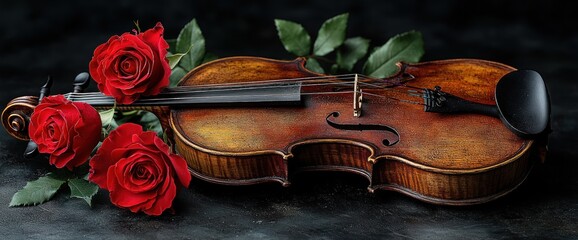 Wall Mural - A violin with three red roses.