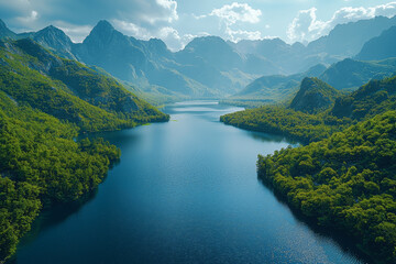 Wall Mural - Bird's-eye view of an expansive lake surrounded by mountains and forests, capturing the serene interaction between water and land. Concept of lake ecosystems and surrounding nature.