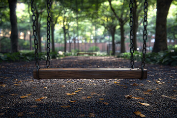 Sticker - An empty playground with swinging swings moving as if pushed by an invisible force. Concept of unseen activity and play.