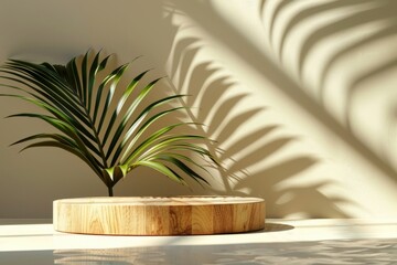 Canvas Print - A wooden tray with a palm tree leaf on it, generative ai image