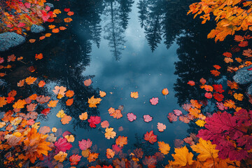 Poster - An aerial capture of a tranquil lake surrounded by colorful autumn foliage, reflecting the vibrant hues of the season. Concept of seasonal beauty and reflective surfaces.