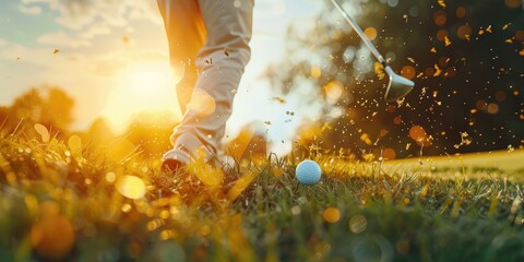 Poster - CLOSE UP of Caucasian Man Playing Golf and Hitting a Ball on the Course