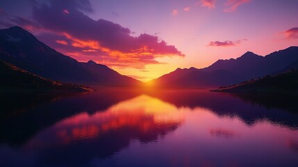 Poster -   A vast expanse of water, bathed in the golden light of sunset, flanked by majestic mountain ranges on either end