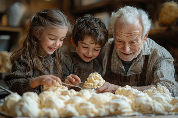 Canvas Print - Grandparents and their grandchildren making homemade ice cream together, enjoying the process and the treat. Concept of culinary fun and family togetherness.