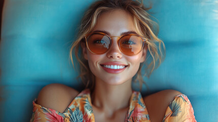 Happy young woman in tropical floral dress, lying against turquoise background, wearing stylish sunglasses, enjoying summer vacation vibes, close-up portrait