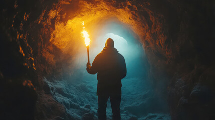 man holding flaming torch in dark mysterious cave, exploring underground passage, adventure and surv