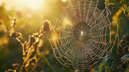   A photo of a spider web on a plant, lit by sunlight filtering through the web