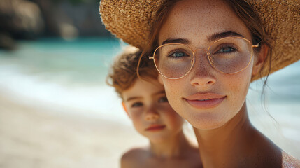 Close-up of woman with freckles and glasses on sunny beach day, child in background, mother and son enjoying summer vacation, straw hat and blue eyes