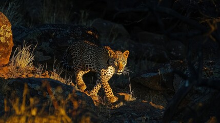 Canvas Print -   A leopard traversing a rocky terrain near a pile of dry grass and a stack of boulders alongside the road