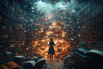 Canvas Print - A vast library with floating books and swirling words, illustrating the endless flow of knowledge and learning. Concept of intellectual abundance and curiosity.