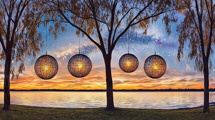 Wall Mural -   A painting depicts three disco balls swaying from tree branches, framing a tranquil body of water bathed in the warm hues of a setting sun