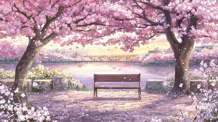 Canvas Print -  A park bench with a river view and cityscape in the distance, adorned with pink flowers on trees