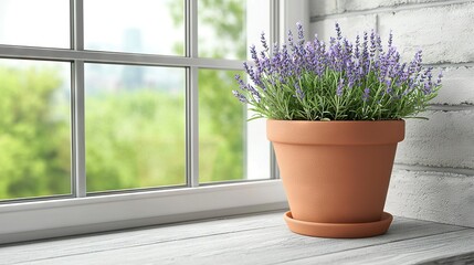 Wall Mural -   A potted plant sits on a window sill beside a window with a pane in the backdrop