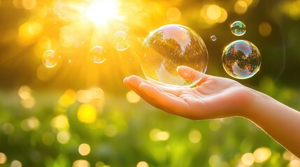 Poster -   A hand holds a green field soap bubble in bright sunlight