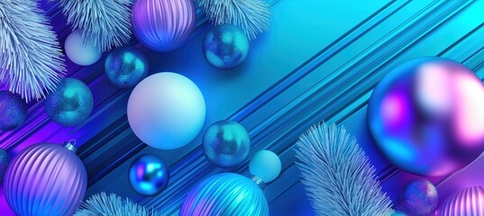 A festive arrangement of blue and purple Christmas baubles with frosted branches on a sleek metallic surface, creating a modern holiday atmosphere.