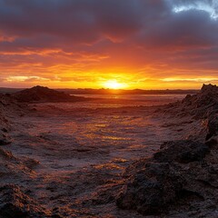 Wall Mural - Stunning Sunset over Rocky Shoreline with Vibrant Orange and Red Sky, Illuminating Calm Sea and Coastal Rocks with Subtle Shadows