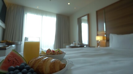 Sticker -   An image featuring a bed adorned with an array of fruits in one bowl and flaky croissants in another, accompanied by a glass filled with vibrant orange juice