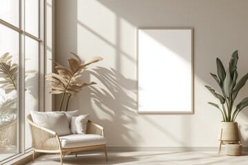 Poster Frame in Beige minimalist living room interior created with generative AI