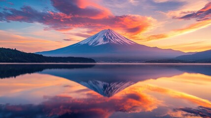 Mount Fuji at sunset, with the sky painted in vibrant hues of orange and pink, reflecting on a tranquil lake