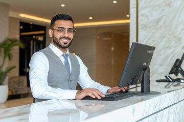 a young Middle Eastern hotel manager at the reception desk, using a computer and phone with a proactive and organized approach