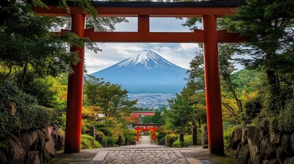 Mount Fuji framed by the arches of a red torii gate, capturing the cultural and spiritual significance of the mountain