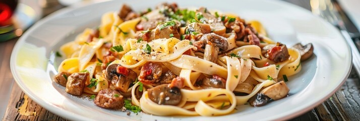 Wall Mural - Pasta Dish with Wild Mushrooms and Sausage