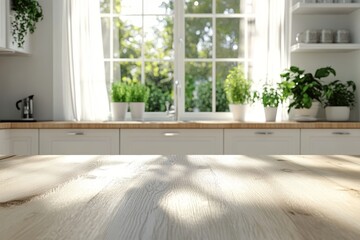 Light wooden countertop with blurred background of a kitchen with a window, plants, and white cabinets.